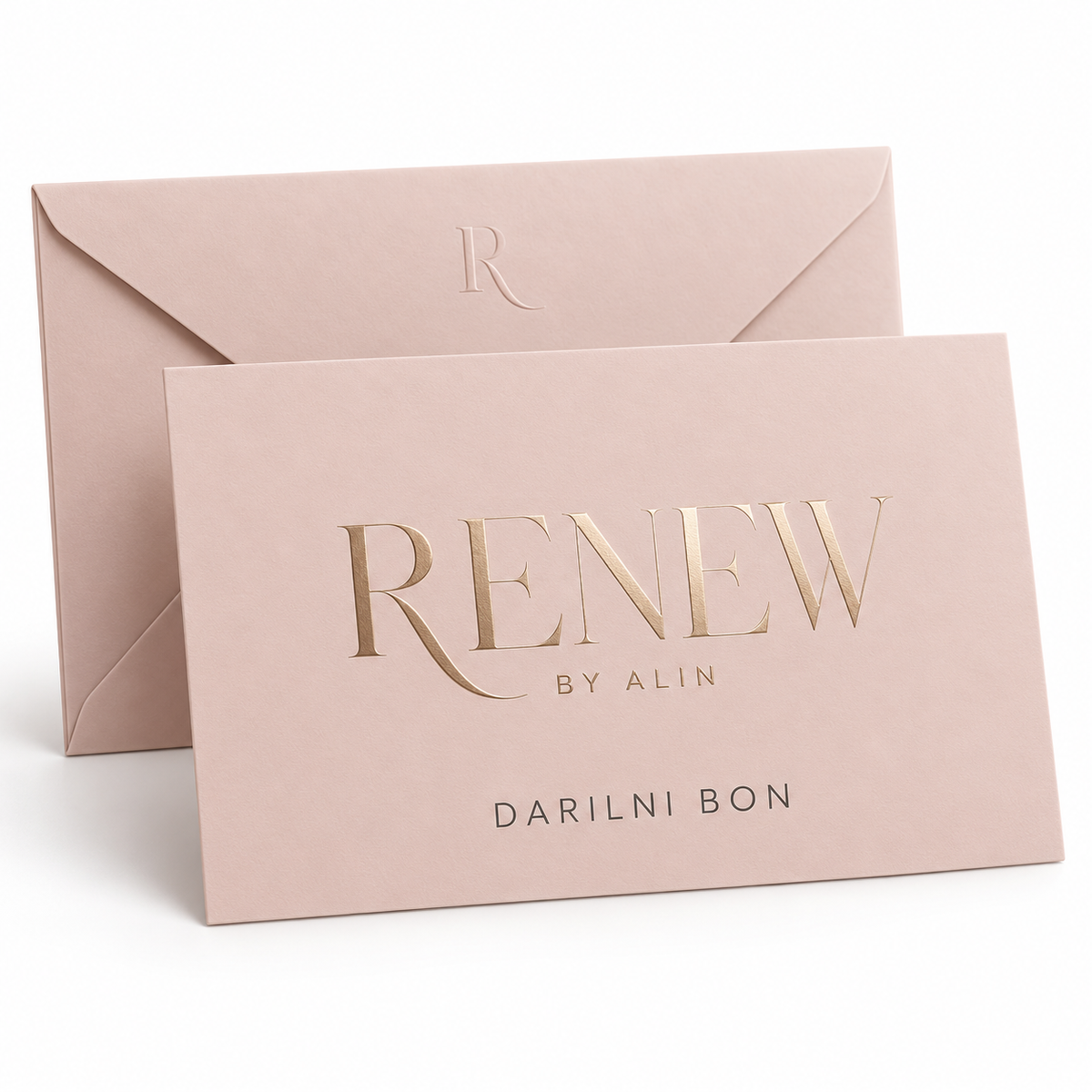 Darilni bon RENEW – elegantna darilna kartica in kuverta v rožnato-bež barvi